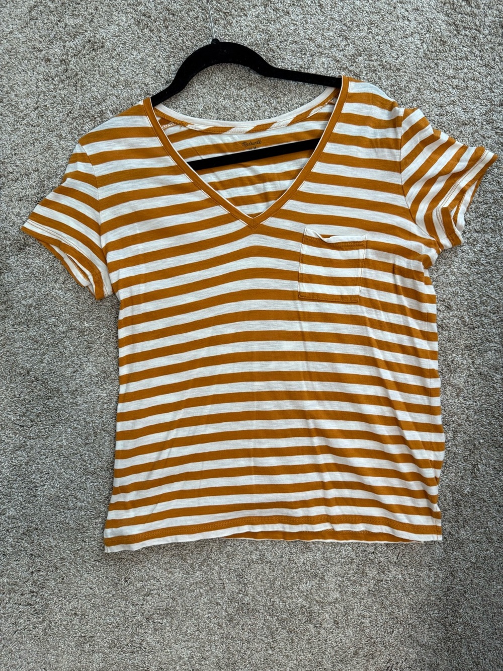 Madewell Mustard & White Striped V-Neck Pocket Tee